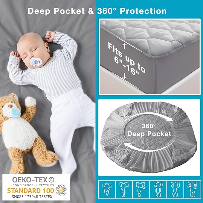 Lunsing Full Size Mattress Protector - Waterproof, Breathable, Quilted, 6-16 Inches Deep Pocket, Grey