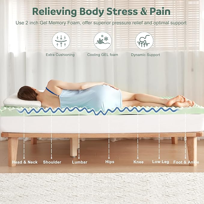 Memory Foam Mattress Topper TwinXL, 4inch Dual Layer Cooling 2''Gel Green Tea Memory Foam & 2" PillowTop Mattress Pad, 8-21inch Deep Pocket, Egg Crate for Back Pain Relief
