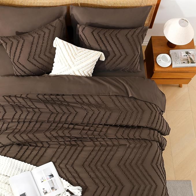 Litanika Full Size Comforter Set with Sheets Brown - 7 Pieces Bed in a Bag Full Chevron Tufted Complete Bedding Sets with Comforter, Sheets, Pillowcases & Shams