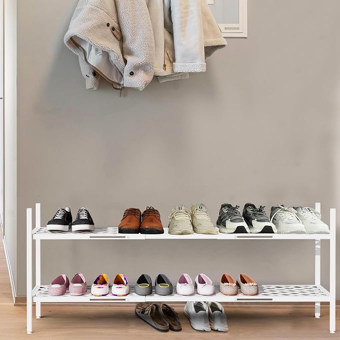Shoe Rack, Expandable Shoes Organizer Metal Shelf Stand, 2 Tier Stackable Long Shoe Storage Holder For Closet, Floor, Entryway, Garage, Bedroom, Door Entrance For 12-18 Pairs, 45.6 inches White - Image 2