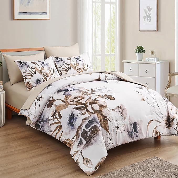 Luxudecor Floral Comforter Set King Size 7 Piece, Beige Flower Bed in a Bag, Elegant Comforter Bedding Set for All Season (Beige, 104"x90")