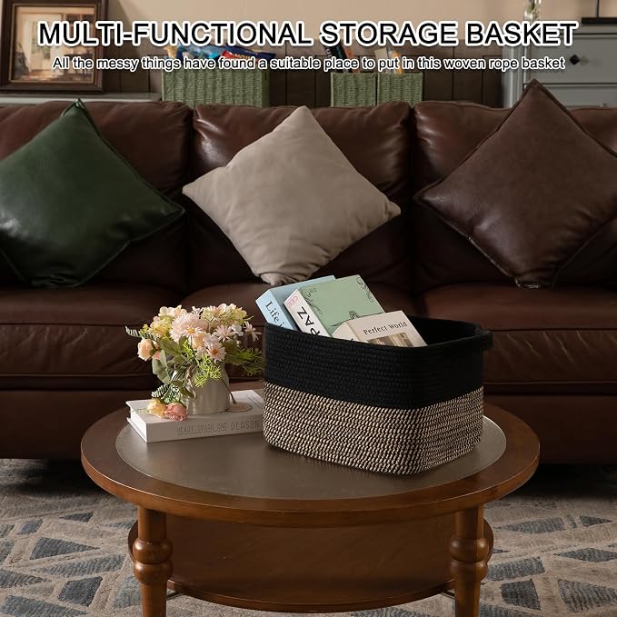 OIAHOMY Woven Storage Basket for Shelves, Rectangle Cotton Rope Baskets for Organizing, 13 x 10 x 9 in, Storage Bins for Dog Toys,Towel,Books,Gift,Black and Brown - Image 6