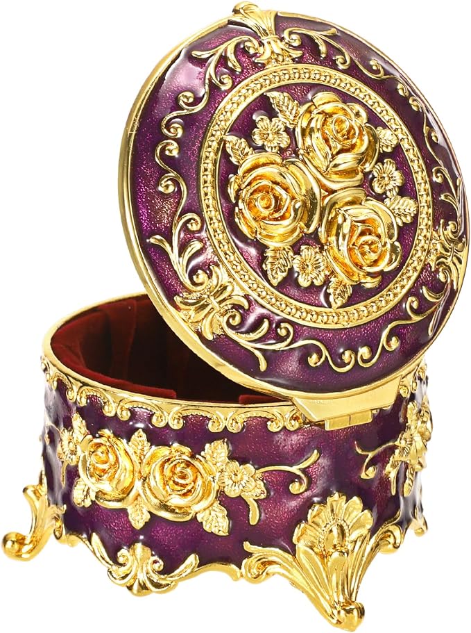 Hipiwe Vintage Jewelry Box Small Trinket Storage Organizer Box Gold Metal Chest Ring Case Treasure Chest Round Keepsake Boxes for Earrings Necklace Gift for Women,Purple - Image 8