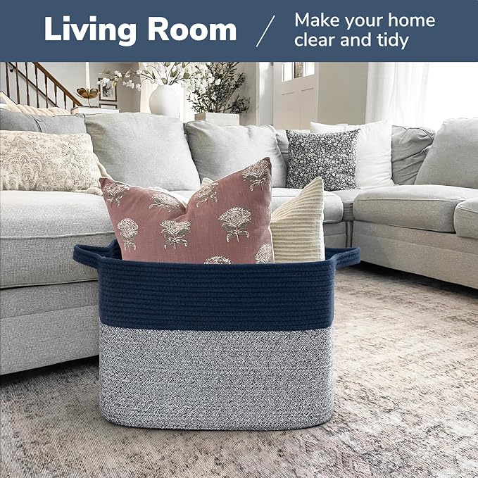 Goodpick Woven Baskets for Organizing, 18" x 14" x 12" Large Storage Basket for Living Room Bedroom, Decorative Toy Baskets Storage Kids Rectangle Blanket Basket with Handles, Dark Blue - Image 2