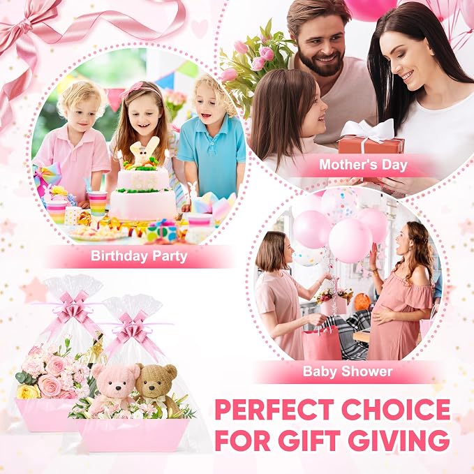 AFOROEOA 10PACK Pink Baskets For Gifts Empty, 10x12” Thick Gift Basket with 10 Bows 10 Bags Empty Gift Baskets for Christmas, Valentine’s Day, Easter, Birthdays, Valentine’s Day Wrapping Gift - Image 8