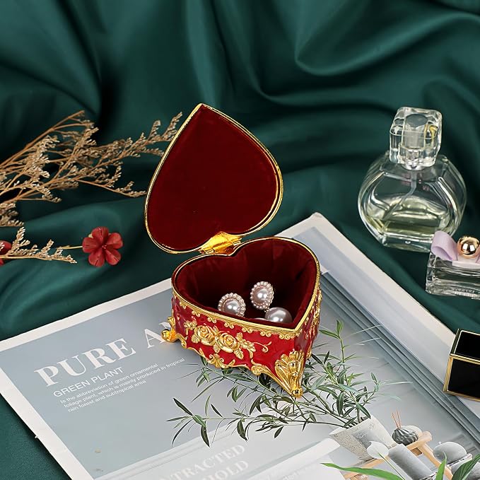 Hipiwe Heart Shape Jewelry Box Classic Metal Trinket Organizer Ring Storage Box with Rose Pattern Jewelry Storage Box for Ring Earrings Necklace, Gift for Women, Red - Image 7