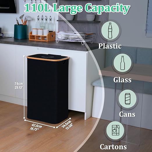 iEGrow 29 Gallons Recycling Bins for Kitchen, Indoor Recycle Bins with Lid, 110L Large Recycle bin with 2 Removeable Reusable Inner Bags, for Bottles Cans Glass Plastice Cartons(Black) - Image 3