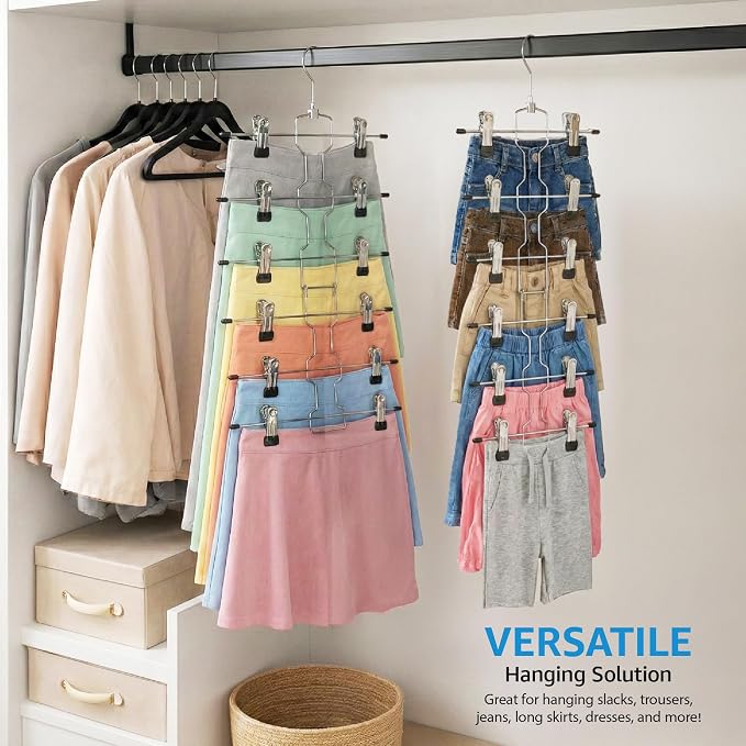 ZOBER 3-Pack 6-Tier Skirt Hangers with Clips - Pants Hangers with Clips Space Saving, Closet Organization, Swivel Hooks, College Dorm Essentials, Skirt Hangers for Women, Jeans Organizer for Closet - Image 5