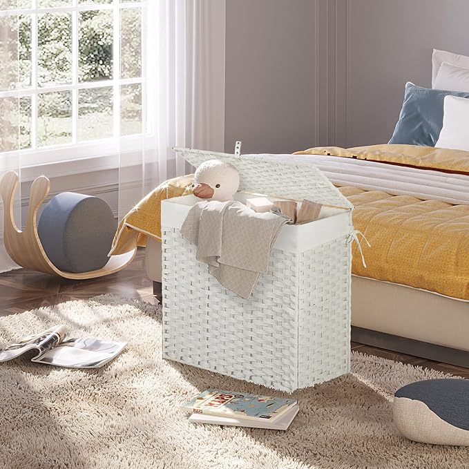Greenstell Laundry Hamper with Lid, 125L Large Clothes Hamper with 3 Section & 2 Section Removable Liner Bags & 5 Mesh Laundry Bags, Handwoven Synthetic Rattan Divided Laundry Basket, White - Image 8