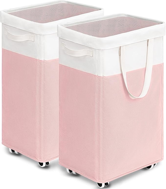 Goodpick Laundry Basket with Wheels 2-Pack, 75L Tall Clothes Hamper, Large Laundry Basket with Removable Wash Bag for Corner Dorm, Rolling Hamper, Pink&White by Goodpick