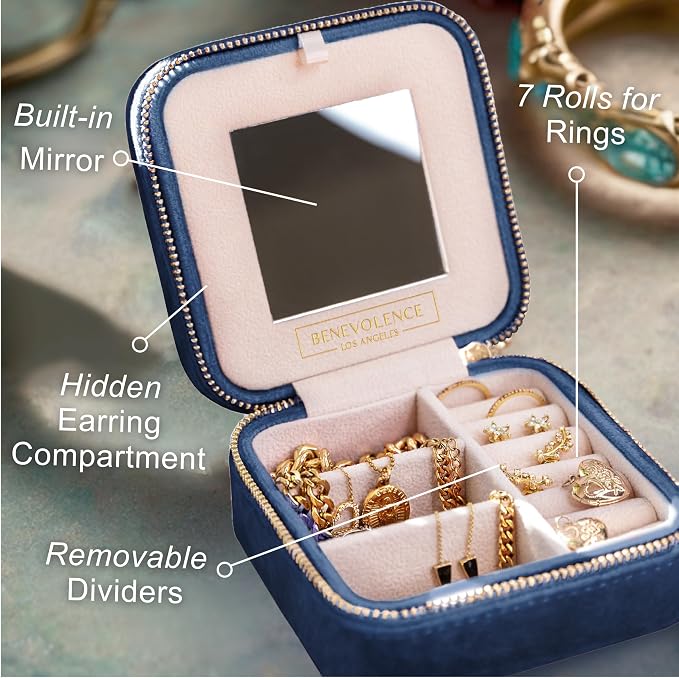 Benevolence LA Plush Velvet Jewelry Box | Travel Jewelry Case Organizer with Mirror | Featured in Oprah's Favorite Things | Best Gifts For Daughter, Girlfriend, Mom | Gifts For Her - Navy Blue - Image 3