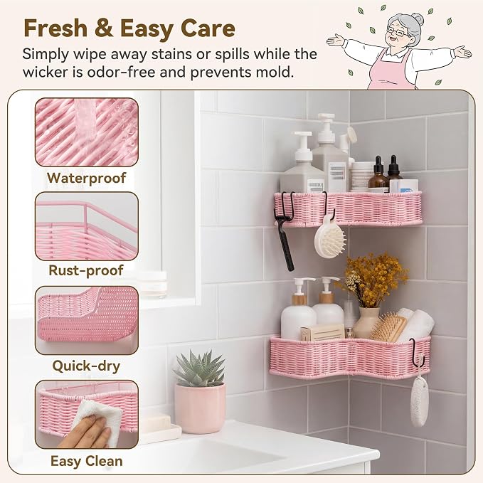 GRANNY SAYS 2 Pack Wicker Corner Shower Caddy Hanging, Shower Shelf for Inside Showers, Adhesive Shelves for Bathroom Organizers and Storage, Bathroom Shelves Wall Mounted with 4 Hooks for Decor, Pink - Image 4