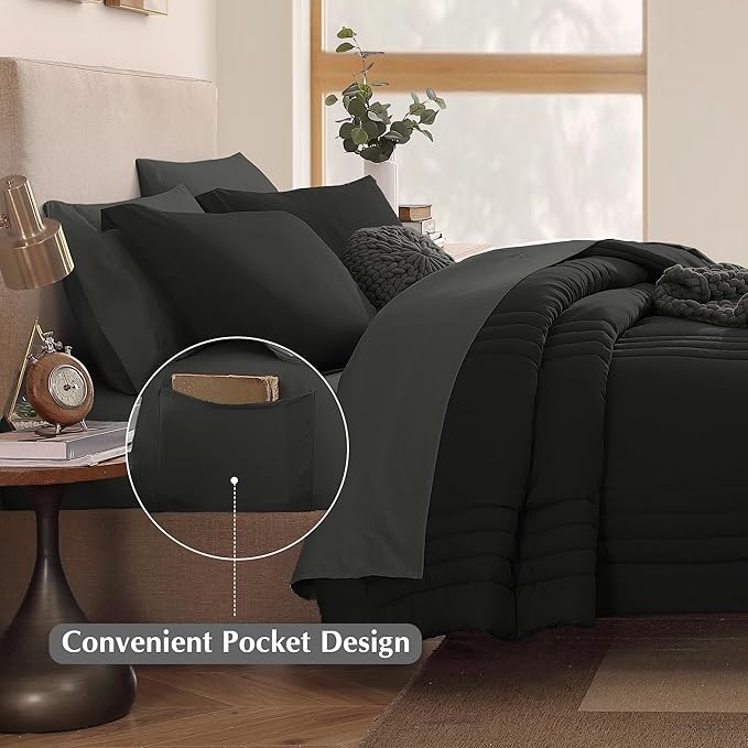 Monbix Oversized King Size Comforter Set - 7 Pieces Black Bed in a Bag Oversized King Bedding Sets with Comforters, All Seasons Comforter Bed Set with Sheets,Pillowcases & Shams