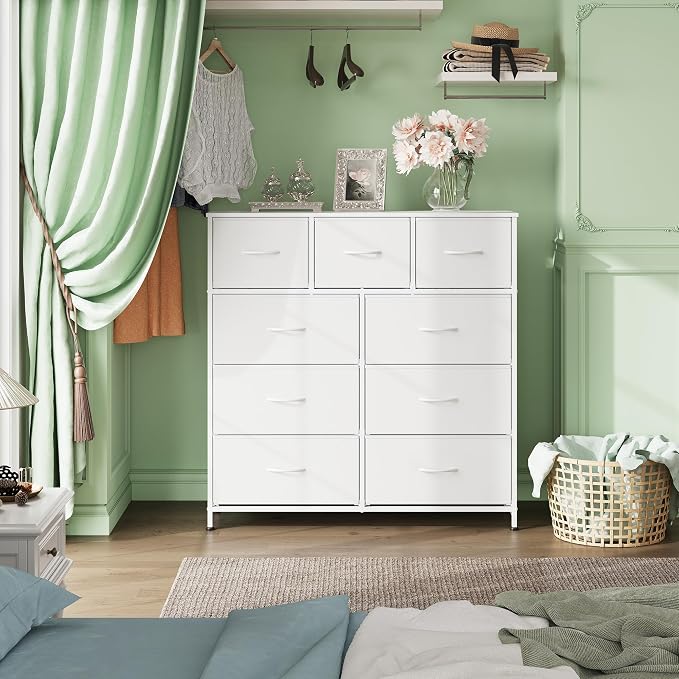 WLIVE 9-Drawer Dresser, Fabric Storage Tower for Bedroom, Hallway, Closet, Tall Chest Organizer Unit for Bedroom with Fabric Bins, Steel Frame, Wood Top, Easy Pull Handle, White - Image 4