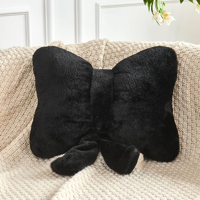 XVTRU Black Bow Pillow, Soft Bow Decorative Pillows with Faux Rabbit Fur, Cute 12" Bow Throw Pillows, Aesthetic Home Decor Bow Shaped Plush Pillow for Bedroom Sofa Couch