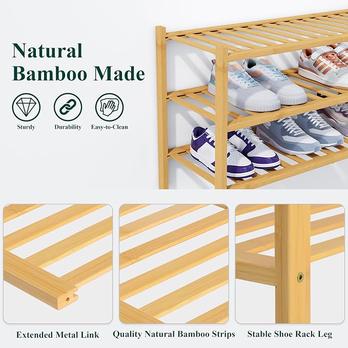 Smiry Shoe Rack, 3 Tier Thick Bamboo Shoe Organizer, Stackable Free Standing Wooden Shoe Storage Shelf for Closet, Entryway, Front Door Entrance, Natural - Image 3
