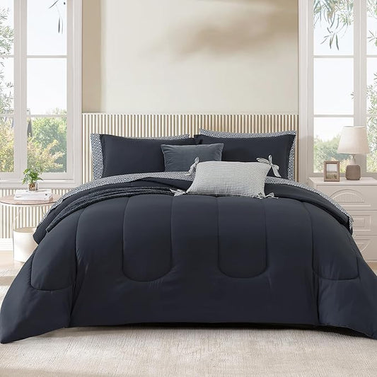 Monbix King Size Comforter Set - 7 Pieces Bed in a Bag King, Blue Grey Track Stitching Bedding Sets with Comforter, All Seasons Comforter Bed Set with Sheets, Pillowcases & Shams