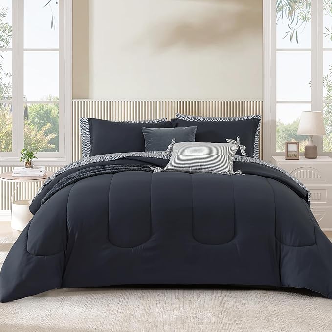 Monbix Full Size Comforter Set - 7 Pieces Bed in a Bag Full, Blue Grey Track Stitching Bedding Sets with Comforter, All Seasons Comforter Bed Set with Sheets, Pillowcases & Shams