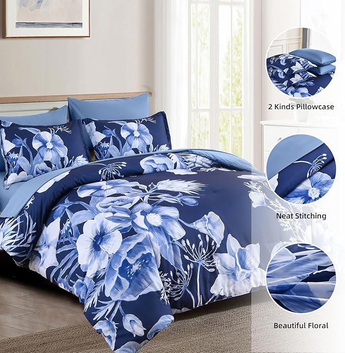 Luxudecor Floral Comforter Set Full Size 7 Piece, Navy Blue Flower Bed in a Bag, Elegant Floral Comforter with Sheet Set, Soft Microfiber Bedding Set for All Season (Navy Blue, 80"x90")