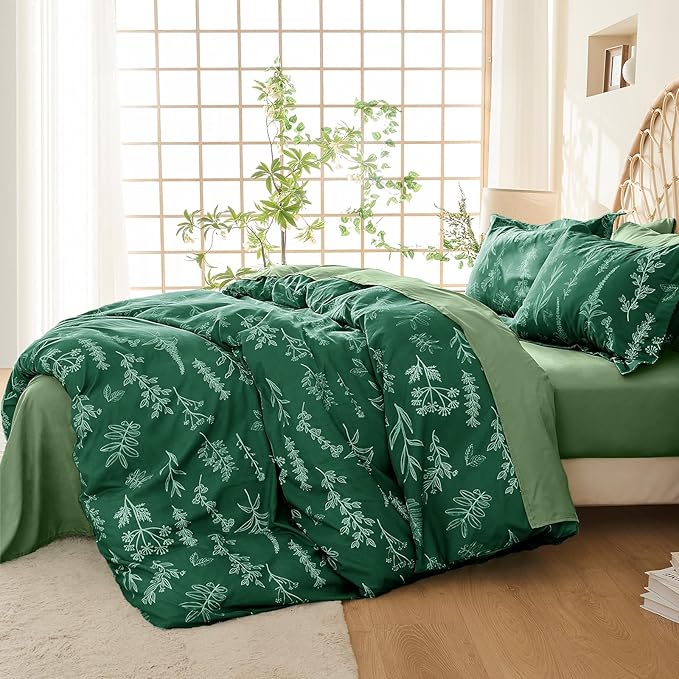 MUXHOMO Emerald Green Full Comforter Set, Elegant Floral Print Bed in a Bag 7 Pieces, Ultra Soft & Breathable Reversible Botanical Pattern Bedding Set with Comforter, Sheets, Pillowcases, and Shams