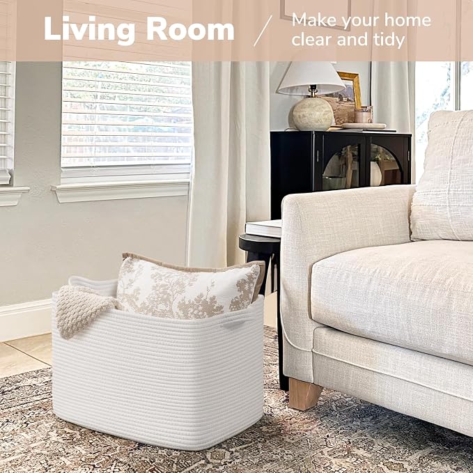 Goodpick Large Woven Basket 18" x 14" x 12" Cotton Rope Storage Baskets for Organizing, Rectangle Blanket Basket for Living Room Bedroom, Toy Baskets Storage Kids, White - Image 2