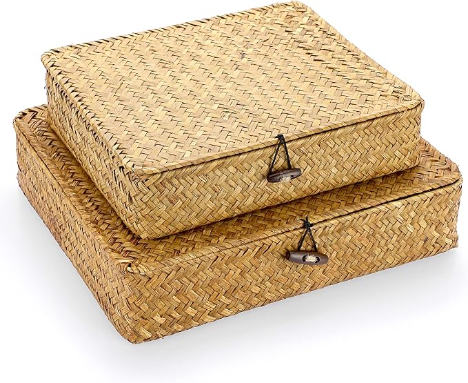 Hipiwe Set of 2 Flat Woven Wicker Storage Bins with Lid Natural Seagrass Basket Boxes Multipurpose Home Organizer Bins Boxes for Shelf Organizer, Caramel by Hipiwe
