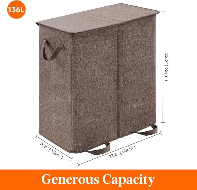 Lifewit Double Laundry Hamper with Lid and Removable Laundry Bags, Large Collapsible 2 Dividers Dirty Clothes Basket with Handles for Bedroom Laundry Room Closet Bathroom College, 136L Brown - Image 5