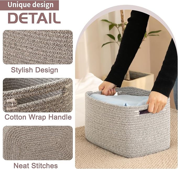 OIAHOMY 4 Pack Storage Baskets for Organizing, Cube Storage Bins for Shelves, Rectangle Storage Baskets With Handles, Woven Baskets for Storage, 16''Lx12''Wx8''H, Grey - Image 3