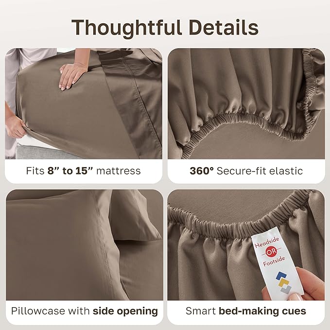 California Design Den Twin XL Sheet Set, 600 Thread Count Sateen, 100% Cotton Deep Pocket Sheets, Soft Sheet Set, Bedding (Mushroom - Taupe Brown)