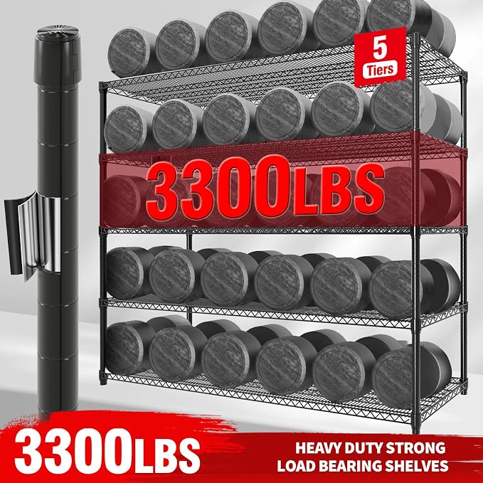 Garvee 5-Tier Metal Shelving with Wheels, Heavy Duty Rolling Storage Shelves 3300LBS Loads, Adjustable Wire Rack Shelving Unit for Garage Kitchen Pantry Commerial, 82" H x 59" W x 23.6" D, Black ﻿ ﻿ - Image 3