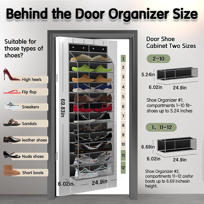 Kotkn Over The Door Shoe Organizer with 12 Large Breathable Pockets - Durable Hanging Storage for the Entire Family's Shoes (Black) - Image 2
