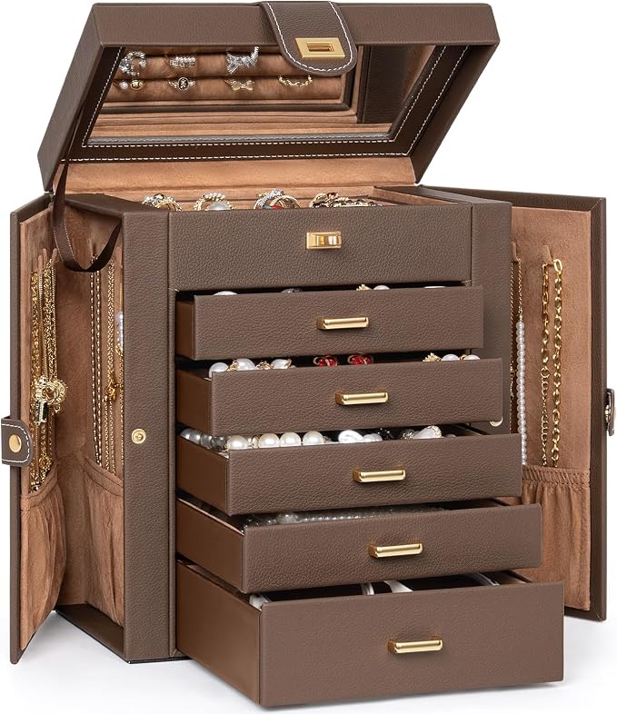AKOZLIN 6-Tier Jewelry Box Organizer Functional 5 Drawers Leather Jewelry Storage Case for Women Girls Ring Necklace Earring Bracelet Holder Organizer with Mirror Brown by AKOZLIN