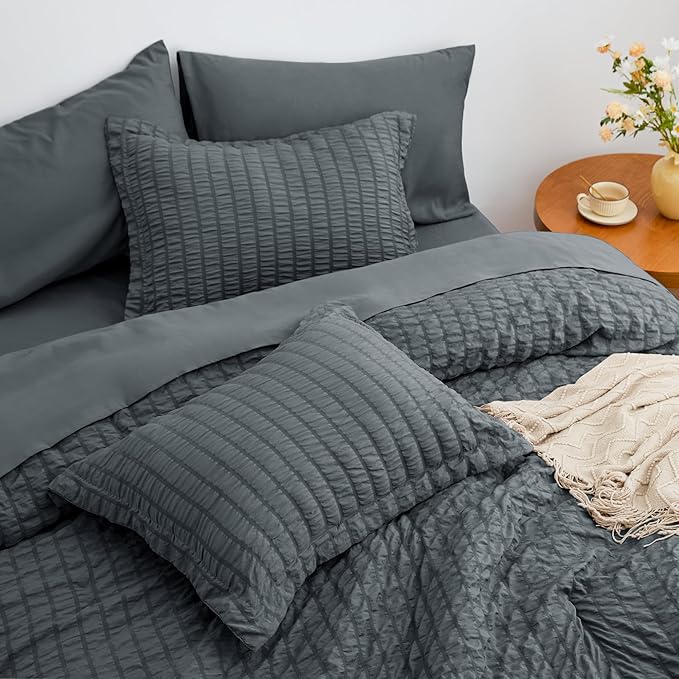 Love's cabin Seersucker Charcoal Grey Queen Comforter Set, 7-Piece All Season Lightweight Bed in a Bag Bedding Set with Comforter, Flat Sheet, Fitted Sheet, Pillowcases and Shams | Soft, Breathable, Lightweight