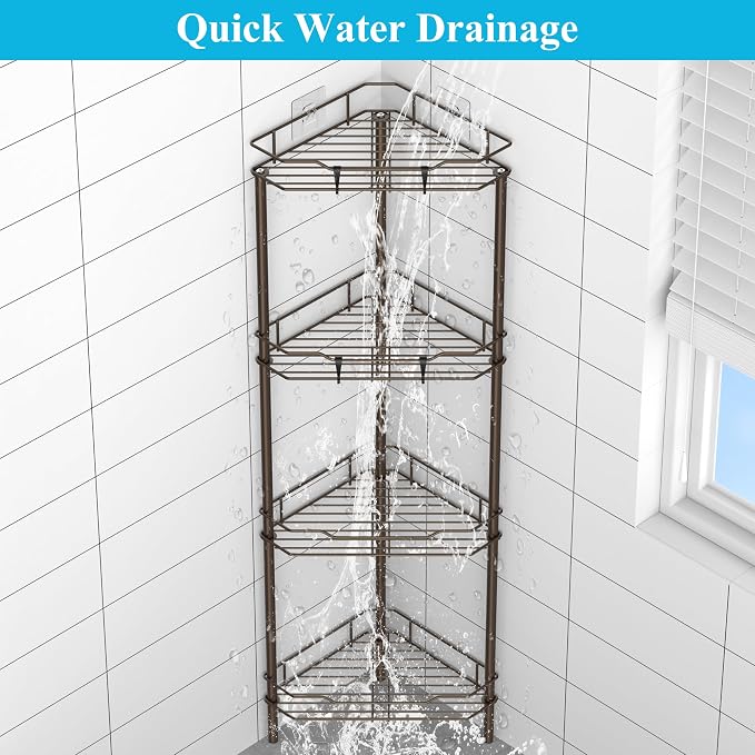 HuggieGems 4 Tier Floor Standing Corner Shower Caddy Organizer Shelf with Hooks, Bathroom Shelves Stand Rack, Bronze - Image 6