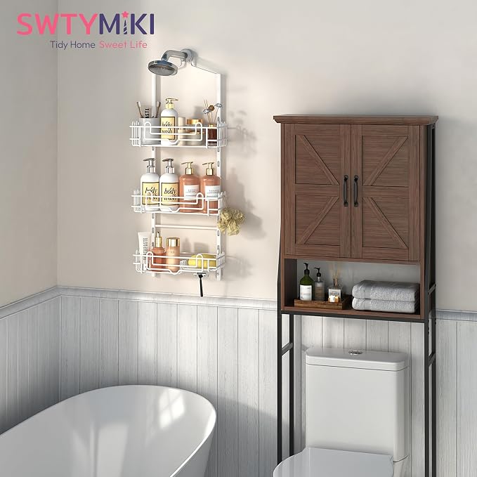 SWTYMIKI Shower Caddy Hanging Organizer - 3-Tier Rustproof Shower Organizer Over Showerhead with Adjustable Baskets, 24 Hooks, Soap & Razor Holder - No Drill Large Bathroom Storage Rack, White - Image 3