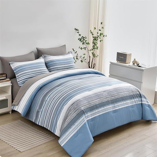 KAKIJUMN 5 Piece Bed in a Bag Stripe Comforter Set Twin Size, White Grey Blue Striped Comforter and Sheet Set, All Season Soft Microfiber Complete Bedding Set(Light Blue,Twin)