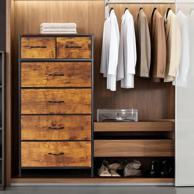 Mifuro Tall Dresser for Bedroom, Vertical Storage Organizer Tower with 6 Drawers, Chest of Drawers with Fabric Bins, Steel Frame, Wood Top for Bedroom, Closet, Entryway- Rustic Brown - Image 4