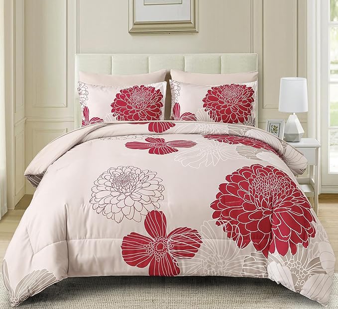 Yiran 7 Pieces Queen Comforter Set Red Floral Bed in a Bag Soft Microfiber Bedding Set 90"×90"(1 Comforter 1 Flat Sheet 1 Fitted Sheet 2 Pillowshams 2 Pillowcases)