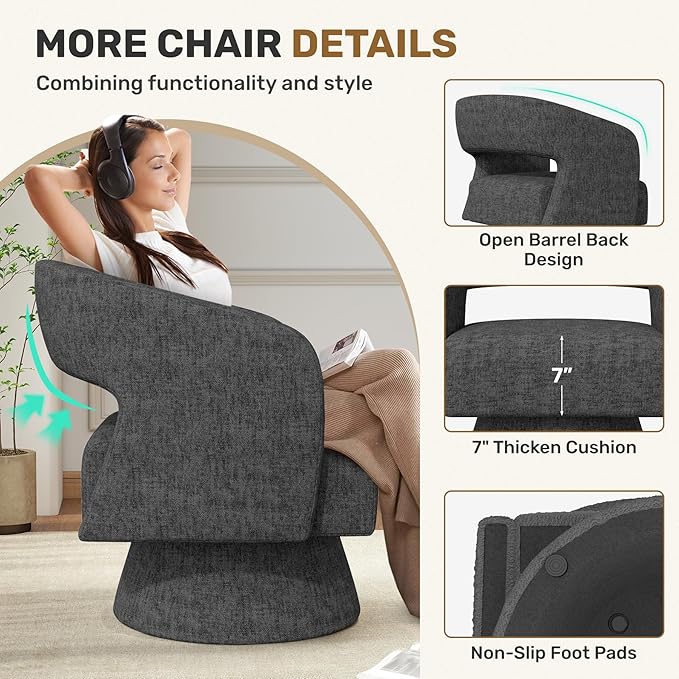Nebuaegis Swivel Accent Chair, Modern Comfy Chenille Barrel Chairs, Oversized Upholstered Round Arm Chair for Living Room, Bedroom, Reading Room, Black, 1 PCS