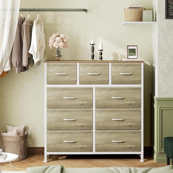 OLIXIS 9 Drawer Storage Dresser with Wood Top - Wide Fabric Chest Organizer for Bedroom, Closet, Living Room,Tower Cabinet, TV Stand, Hallway Entryway Furniture,Oak Greige - Image 2