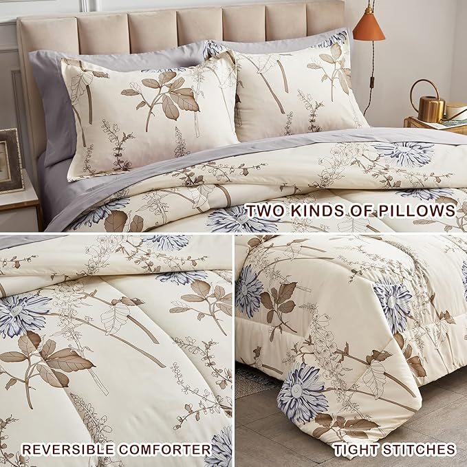 Joyreap 7 Piece Bed in a Bag Queen, Elegant Flower Botanical Smooth Soft Microfiber Floral Comforter Set for All Season (1 Comforter, 2 Pillow Shams, 1 Flat Sheet, 1 Fitted Sheet, 2 Pillowcases)