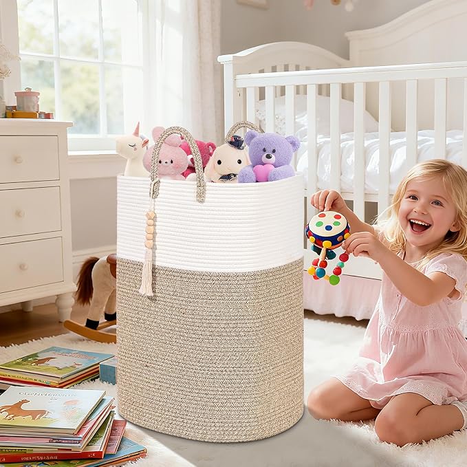 Woven Laundry Basket for Clothes, 100L Large Rectangle Laundry Hampers with Beads Tassel, Nursery Storage Basket for Toys, Tall Dirty Clothes Hamper for Bedroom Aesthetic, Laundry Room Organization - Image 6