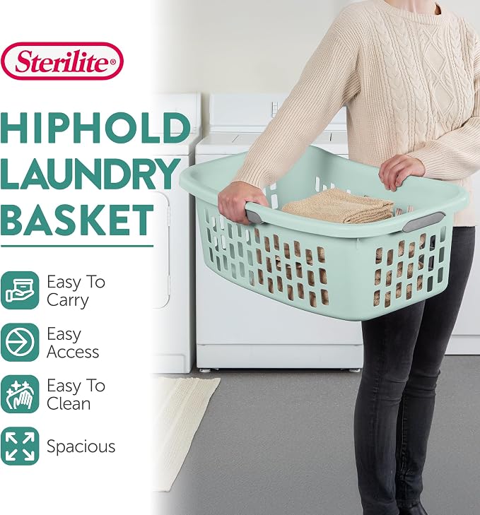 Sterilite 18 Pack HipHold Laundry Basket, Plastic Rectangle Clothes Hamper with Comfort Grip Handles & Reinforced Rim, 1.5 Bushel Capacity, Mint - Image 3