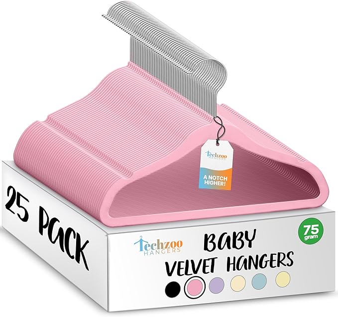 TechZoo 25 Premium Baby Velvet Hangers - 11.8 Inches Non-Slip & Ultra-Slim Baby Hangers for Space-Saving & Children Clothes - 360 Swivel Hook, Strong & Durable Infant & Toddler Clothes Hanger - Pink by TECHZOO