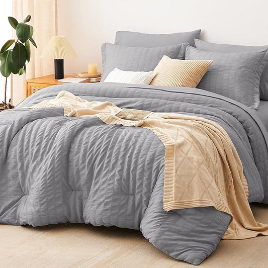 CozyLux Full Size Comforter Sets with Sheets 7 Pieces, Grey Seersucker Bed in a Bag Textured Luxury Soft Bedding Set with Down Alternative Comforter, Sheets, Pillowcases & Shams for All Season, Gray