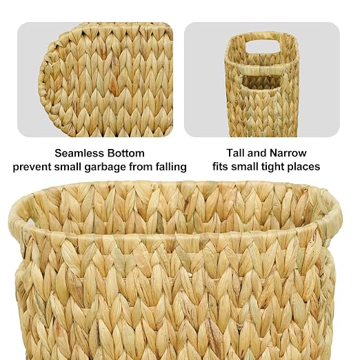 Coeusy Wicker Trash Can,Bathroom Trash Can,Water Hyacinth Wicker Waste Basket for Bathroom,Handwoven Narrow Small Waste Basket for Bedroom,Office,5 Gallon - Image 6