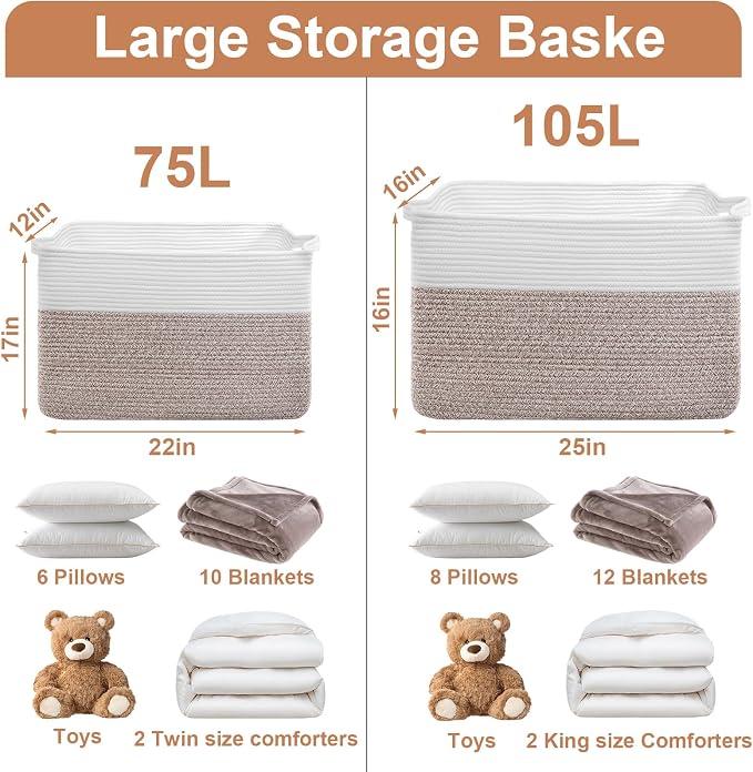 75L Extra Large Blanket Basket for Living Room - Cotton Rope Laundry Hamper Woven Baskets XXL Storage Bin with Handles for Dirty Clothes, Kids, Pets, Toys, Bedroom, 22" x 17" x 12", White & Brown - Image 2