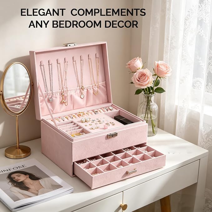Jewelry Organizer Box for Women Girls, Jewelry Box 3-Tier Jewelry Display Case and Organizer,Lockable Jewelry Display Case Anti Tarnish,Varying Compartments for Necklaces, Bracelets, Rings - Image 2