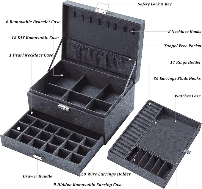 QBestry 3-Layer Jewelry Box for Women with Lock and Key & Drawer, Large Jewelry Organizer with 8 Necklace Hooks & 56 Earring Holes, Grey Velvet Jewelry Storage Box for Necklaces Earrings Ring Bracelet - Image 7
