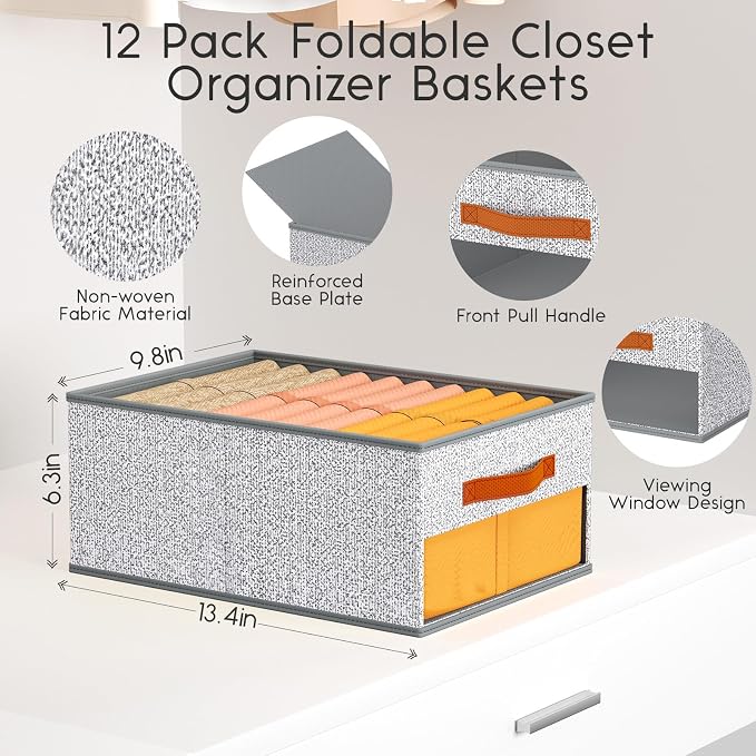 Homsorout Drawer Organizers and Storage - 12 Pack Foldable Pants Organizer with Clear Window & Handles, Fabric Closet Organizer for Clothes, Jeans, Sweaters, Towels, T-shirt, Scarf (Ant Light Gray) - Image 3